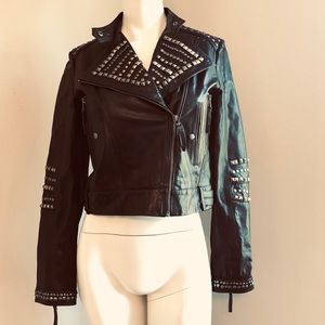 Studded Dark Brown Leather Moto Jacket by Mango-Sz S-EUC
